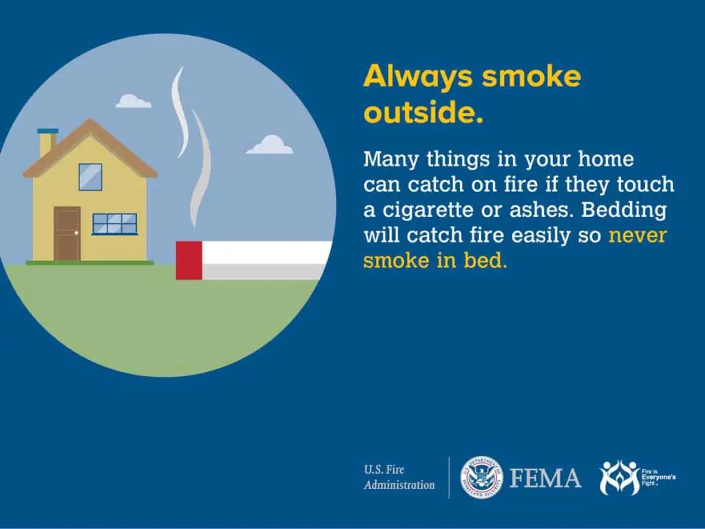 This is an informational image featuring a public service announcement style message. it depicts a simplified illustration of a house with smoke rising from it on the left side. on the right side, there is text that reads, "always smoke outside. many things in your home can catch on fire if they touch a cigarette or ashes. bedding will catch fire easily so never smoke in bed." the logos for the u.s. fire administration and fema are also present on the right side at the bottom.