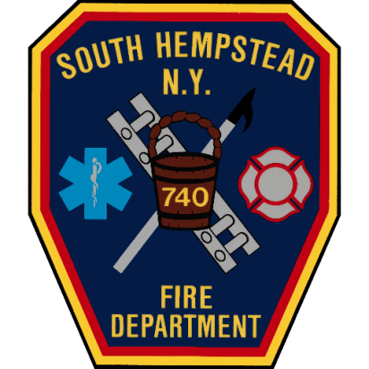 Patch emblem for South Hempstead Fire Department, N.Y. It features a fireman's ladder, an axe, a water bucket labeled "740," a blue medical symbol, and a red fireman's helmet icon, all on a dark blue background with a yellow border.