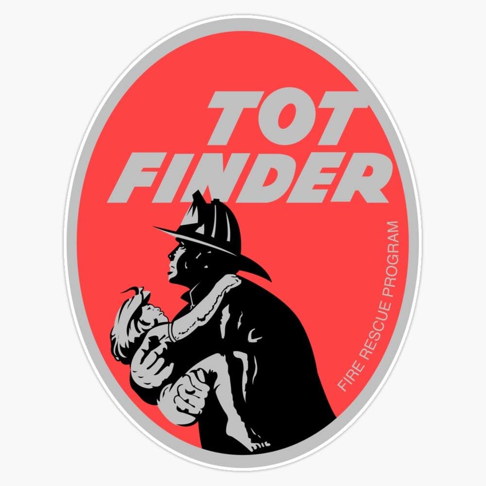Illustration of a firefighter carrying a child with the text "TOT FINDER" at the top and "FIRE RESCUE PROGRAM" along the side, set against a red oval background.