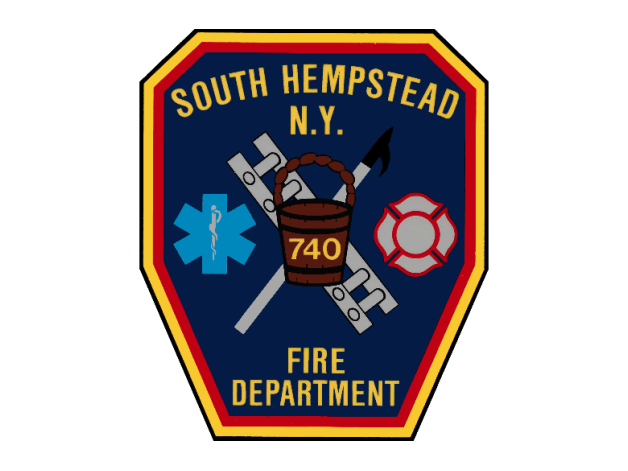 A navy blue South Hempstead, N.Y. Fire Department patch with yellow and red border, featuring firefighting symbols, a wooden bucket labeled "740," and "FIRE DEPARTMENT" text at the bottom.